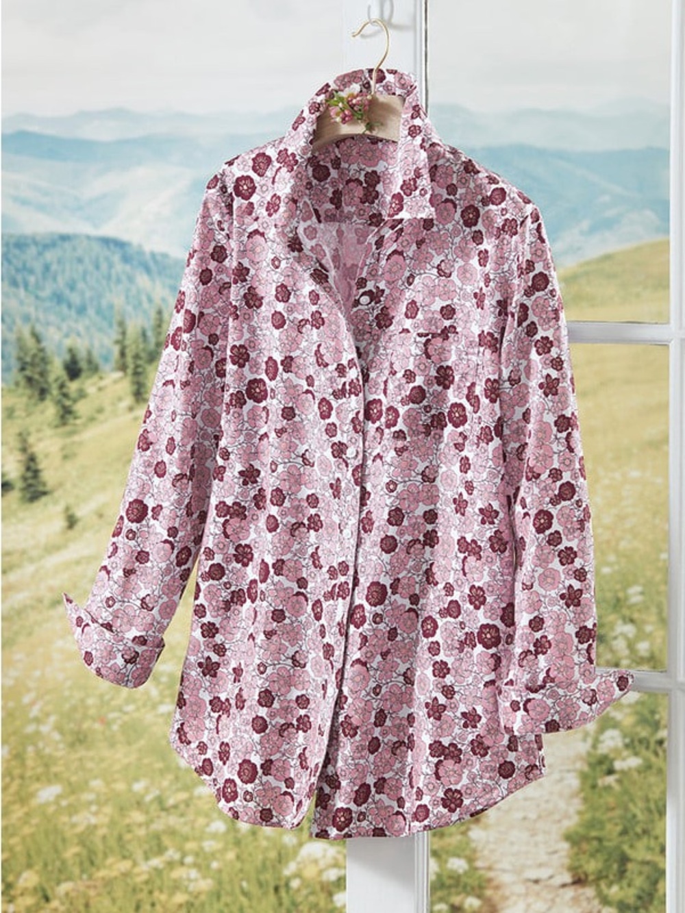 NEW Coldwater Creek Bursts of Blooms Anytime No-Iron Tunic Button Up Shirt Small